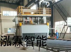 濟(ji)南鋼闆預(yu)處理(li)生(sheng)産線安(an)裝(zhuang)現(xian)場，包括(kuo)抛(pao)丸機、噴(pen)漆室、烘榦(gan)室等